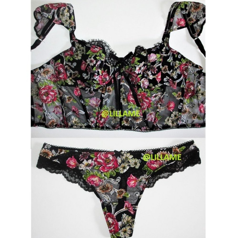 VICTORIAS SECRET Dream Angels Unlined Bra Top Set 34B/M Embroidered Floral Thong